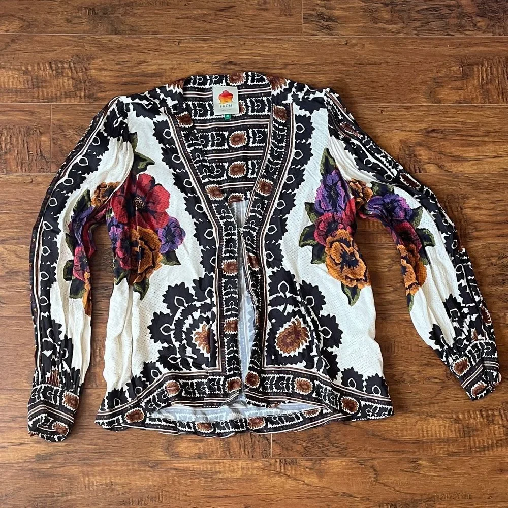 FARM Rio Cream Floral V-Neck Blouse with Red, Purple & Orange Accents